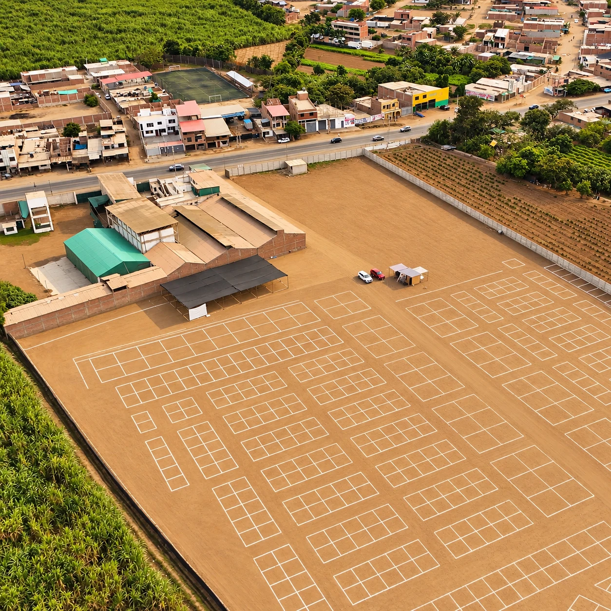 Foto de dron del terreno de Mall Virú con los lotes trazados, junto a la Panamericana
